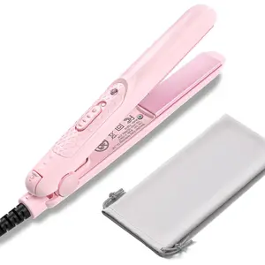Mini Flat Iron for Travel, 0.7 Inch Small Hair Straightener for Short Hair & Bangs, Fast Heat Up 2-in-1 Straightening & Curling Iron, Dual Voltage Portable Mini Straightener with Pouch (Pink)