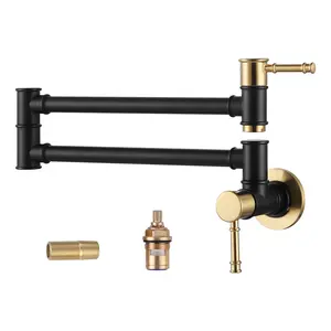 WOWOW Single-Hole Wall Mount Stove Pot Filler Waterfaucet, Solid Brass Kitchen Tap with 2 Handles, Foldable Arm and Cold Water Function, Black-Gold Finish