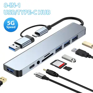 USB C Hub 8-in-1 Multiport Adapter, Dual USB Ports, USB 3.0/2.0 Extender with SD TF Card Reader, 3.5mm Audio Jack, USB-C & USB-A Input, Wide Compatibility for Laptop, Switch, Steam Deck