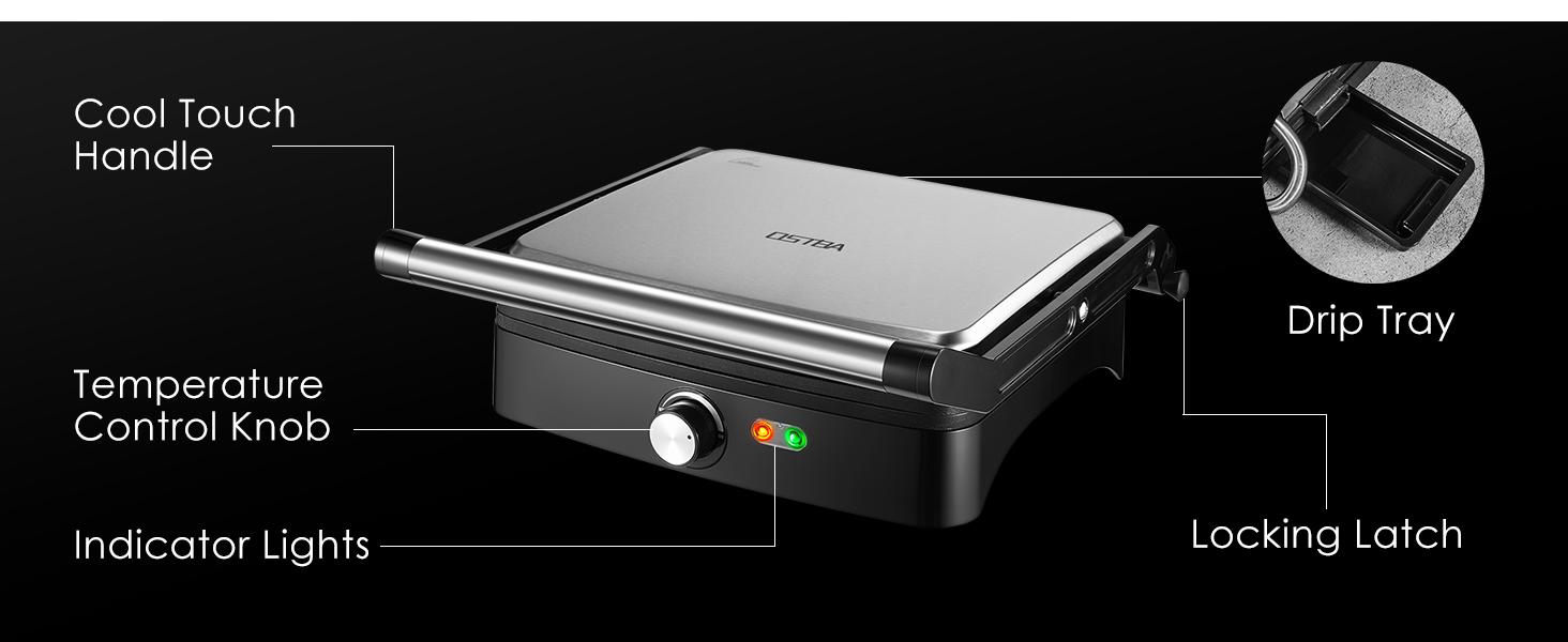 OSTBA Panini Press Grill with Adjustable Temperature 4-Slice Indoor Grill 180° Open Sandwich Maker Non-Stick Plates Stainless Steel 1200W Cast Aluminum Panini Press