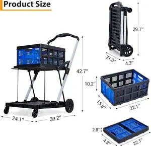 Collapsible Shopping Cart with 1 Storage Crate, Foldable Grocery Cart On Wheels, Multi-Functional 2-Tier Portable Folding Trolley for Home, Office, Groceries, Supermarket