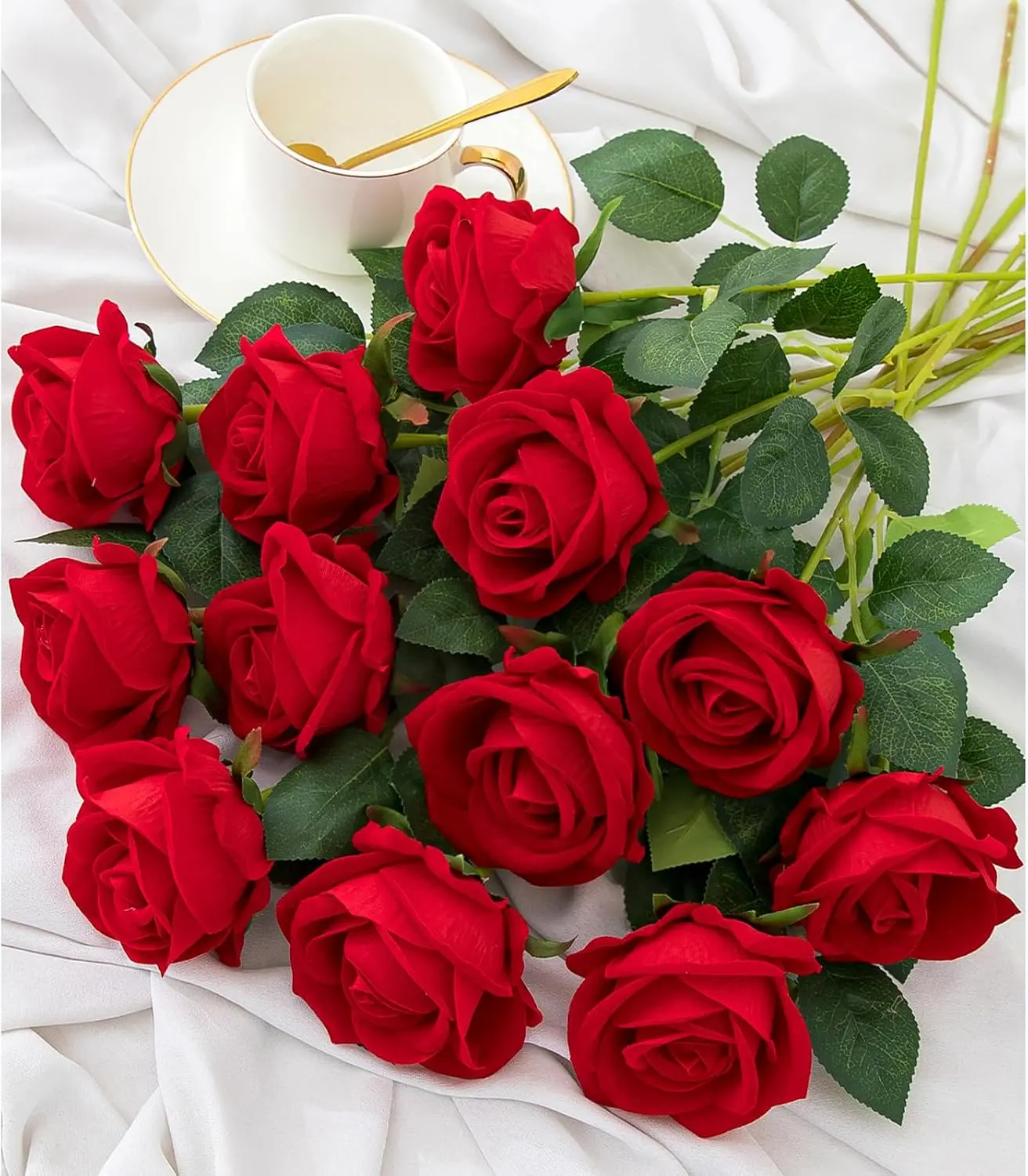 (10pcs) Real Touch Velvet Artificial Rose, 3.94in Large Bloom Fake Rose with Bendable Long Stem, Single Faux Silk Rose for Valentine Wedding Centerpiece Party Home DIY Floral Decor