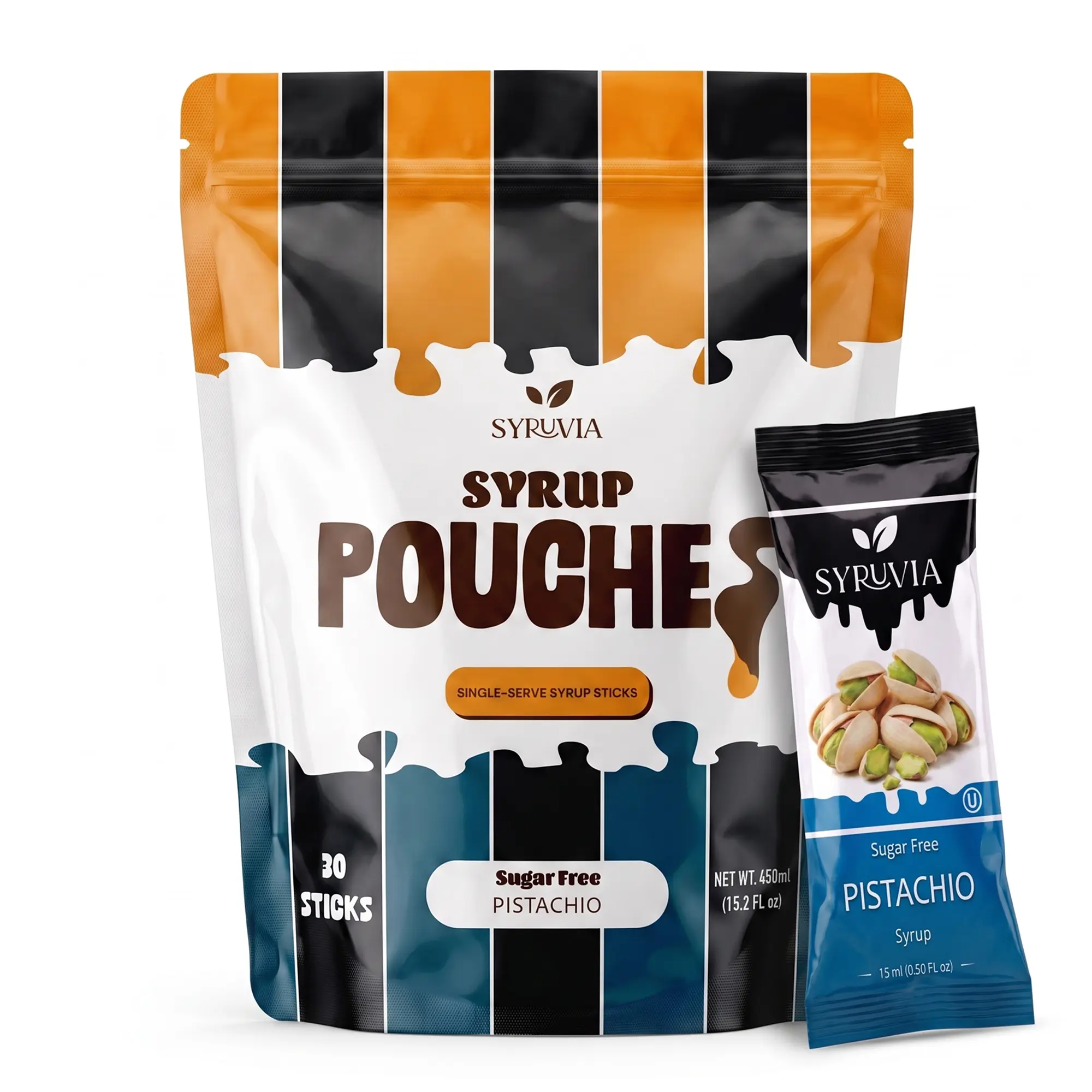 Syruvia Sugar Free Pistachio Syrup Pouches, Coffee Syrup Sticks for Coffee, Tea, Lattes & Desserts, 30 Count (15 mL Each)