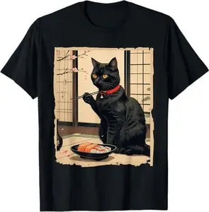 Kawaii Cat Eating Sushi Funny Japanese Anime Cute Cat Girls T-Shirt
