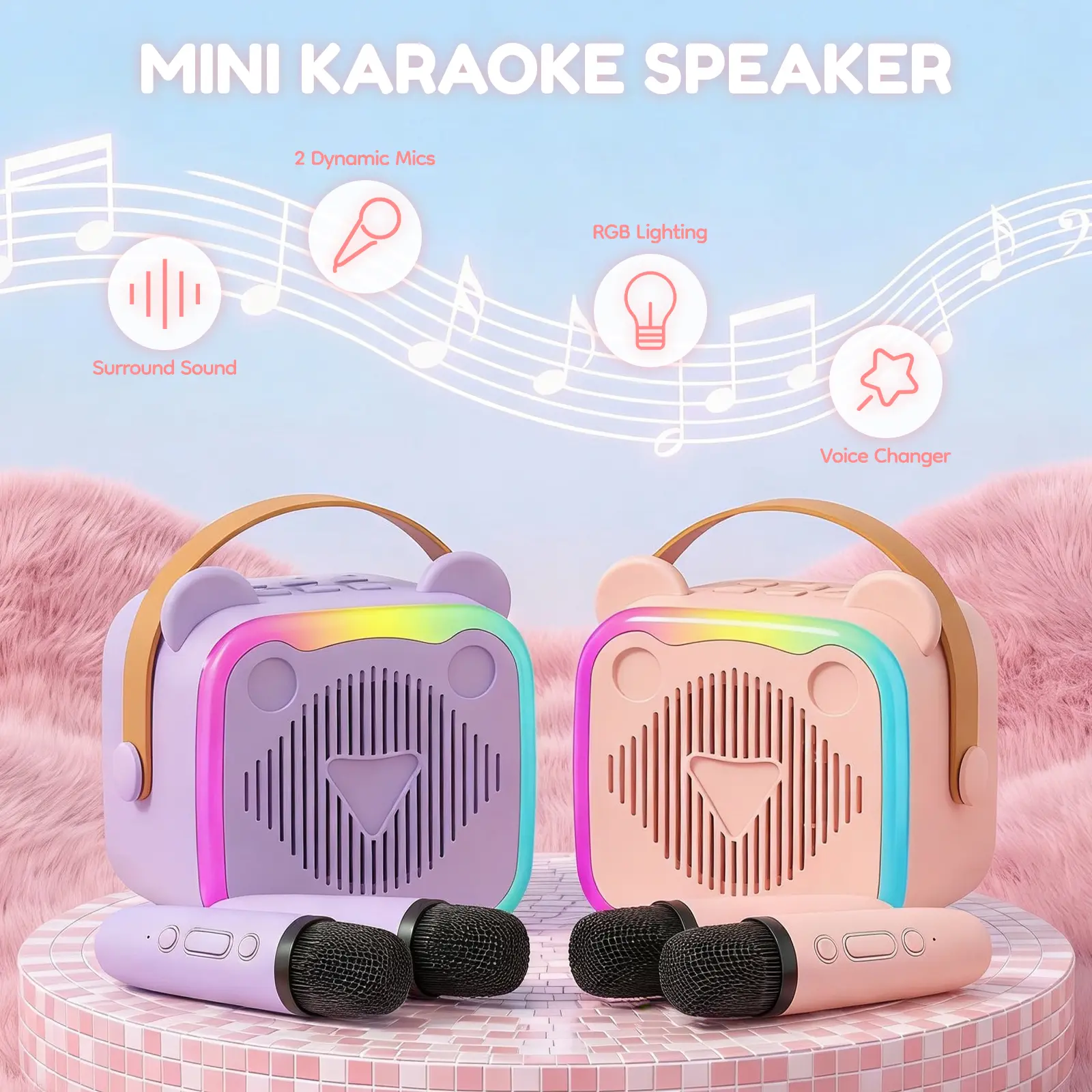 2-In-1 Karaoke Monster Bluetooth Speaker - LED Light Show, Built-In Wireless Mic, 2 Dynamic Mics, Magic Vocal Filters, All-Night Battery, ABS Build, User Manual Included, Customizable Wireless Speaker for Birthdays, New Year, Bluetooth Speakers