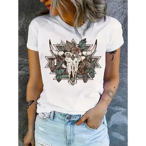 [100% Cotton] Bull Skull Print T-Shirt, Short Sleeve Crew Neck Casual Top For Summer & Spring, Women'S Clothing Golf Gift T-Shirt For Men And Women