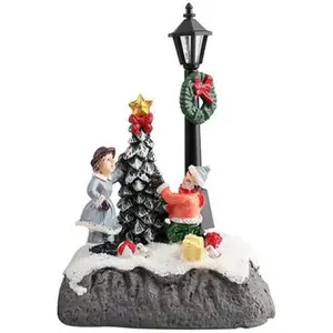 Christmas Village Set Ornaments, Resin LED Warm Light Tree Figurines, Mini Snowman House Gift Set, Collectible Building (B)