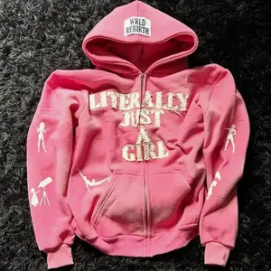 Y2K Oversized Zip-Up Hoodie for Women and Men, Graphic Print, Lettering, Full-Zip Sweatshirt, Streetwear Jacket