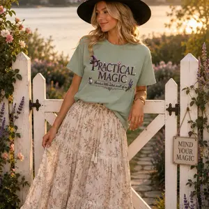 Practical Magic typography T-shirt | witch hat, herbs, spellbook design
