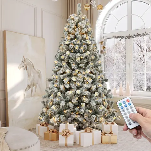 YITAHOME Pre-Lit Artificial Christmas Tree with Remote Control, 6ft/7.5ft/9ft, 11 Lighting Modes, Warm White & Multicolor Lights, Easy Assembly, Green, Flocked, Scotch Pine & Pine Cone Styles, Christmas Home Decor