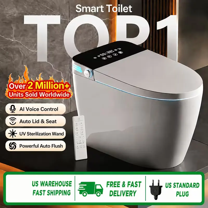 High-end, fully featured smart toilet equipped with bidet and feminine wash functions, radar-sensing lid opening, automatic flush upon standing, LED digital display and ambient lighting, built-in water tank, and powerful yet quiet flushing. warm air dryer