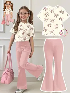 Girls' Summer Casual Butterfly Print Short Sleeve Top and Bell Bottom Pants Set, Comfortable Fitted Style for All Seasons