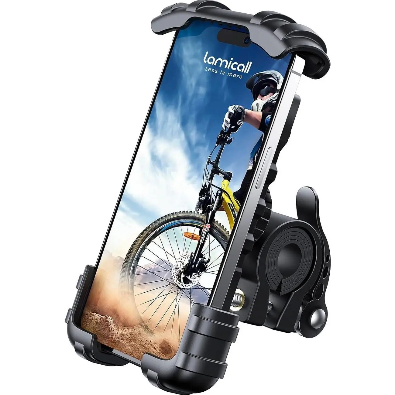 Phone Holder Motorcycle Mount - One-Hand Operation, Lockable | 360° Rotation Handlebar Clamp for 4.7-6.8" iPhone 17 Pro Max Air, Rubber Protect, Road Mountain Bike