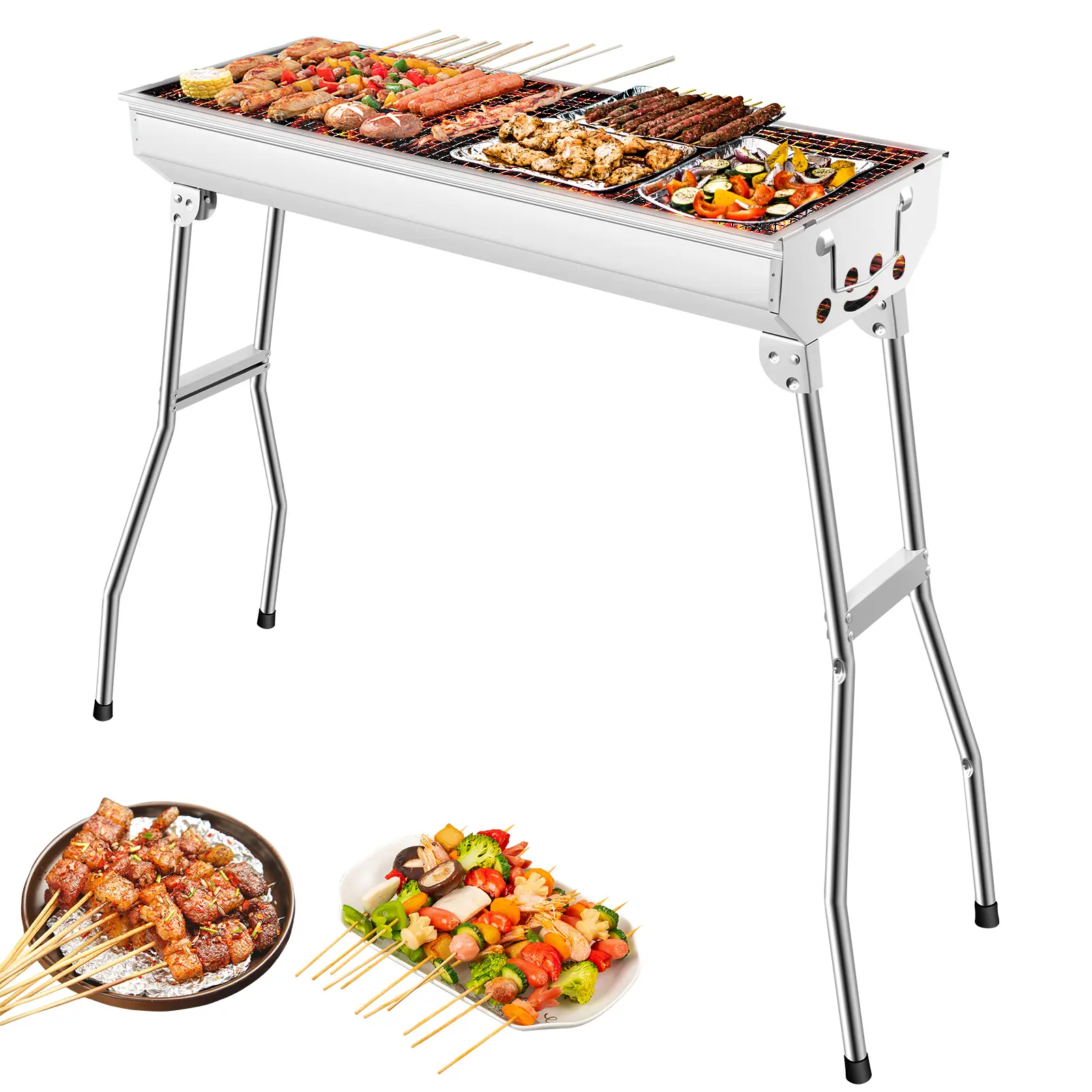 Portable Charcoal Grills, Stainless Steel BBQ Grill with Foldable Stand Air Vents, Foldable Barbecue Grill for Outdoor Cooking, Camping Hiking and Picnic(29x11x30 Inch)