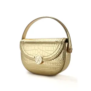 Zuri Gold Top Tier Patent Leather Crocodile Embossed Bag with Rotating Handle Clutch & Removable Strap