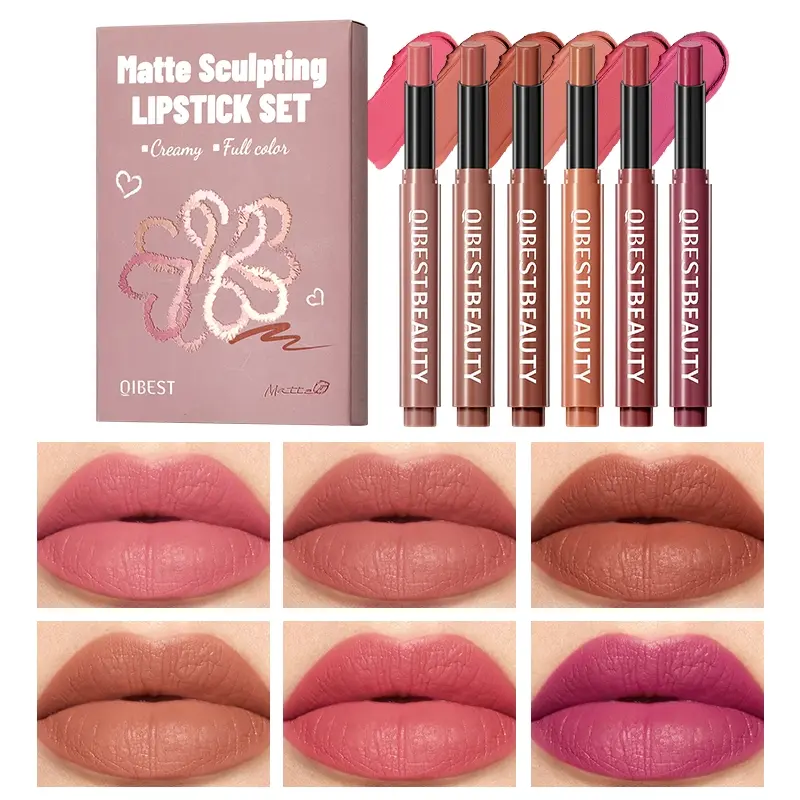 6Pcs Matte Lipstick Set Creamy Velvet Texture Luxurious Long Lasting Waterproof High Pigment Lipstick Cosmetic Makeup Kit for Women