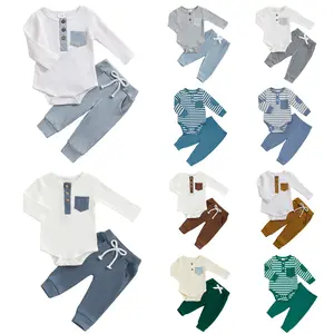 Newborn Baby Boy Girl Ribbed Knit Long Sleeve Henley Romper Bodysuit and Pants Solid Color Infant Fall Winter Outfits 2Pcs Set