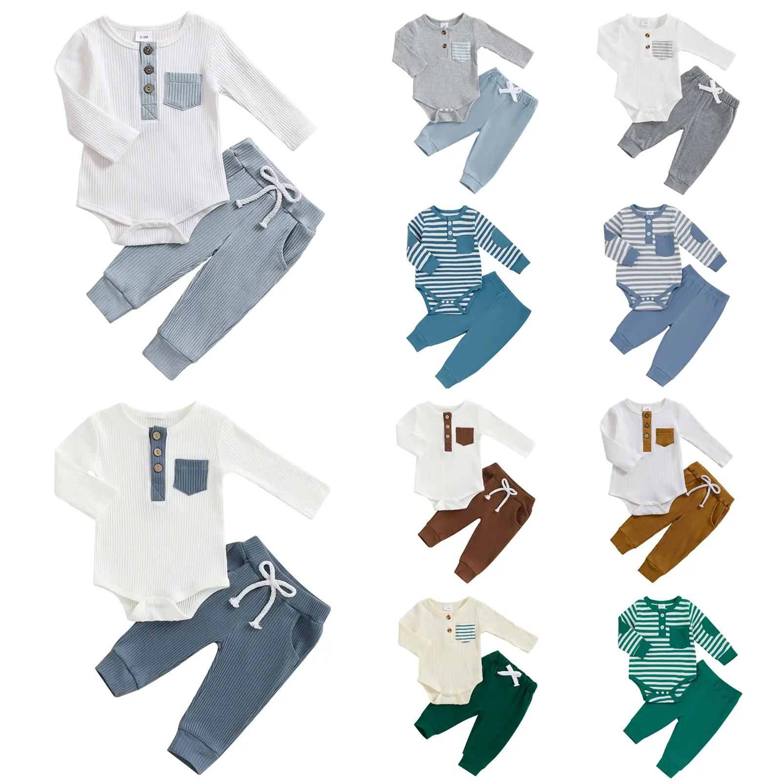 Newborn Baby Boy Girl Ribbed Knit Long Sleeve Henley Romper Bodysuit and Pants Solid Color Infant Fall Winter Outfits 2Pcs Set