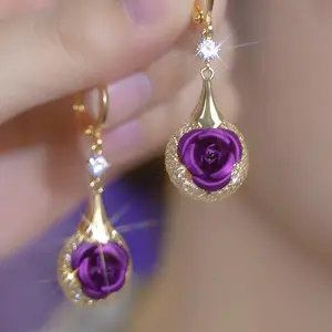 LisiZen Luxury Purple Rose Crystal Earrings for Women, Gold-Plated Zircon Flower Drop Earrings, Elegant Chic Jewelry Gift DZEH4472