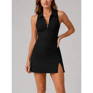 Women’s Zip Front Tennis Dress with Built-in Shorts, Polo Collar Sleeveless Golf Workout Dress with Pockets