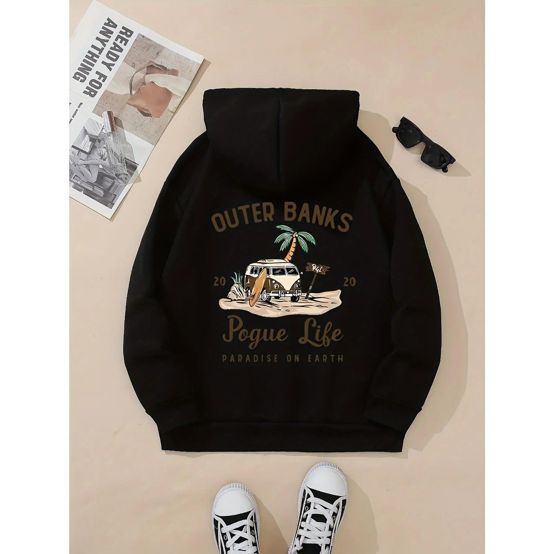 [Cozy Hoodie] Soft Pink Women's Casual Hoodie | Outer Banks Pogue Life Letter Print & Beach Graphic, Kangaroo Pocket, Machine Washable Autumn Winter Sweatshirt, Cozy Autumn Apparel Fabric Womenswear Polyester Tops Pullover Long Sleeve