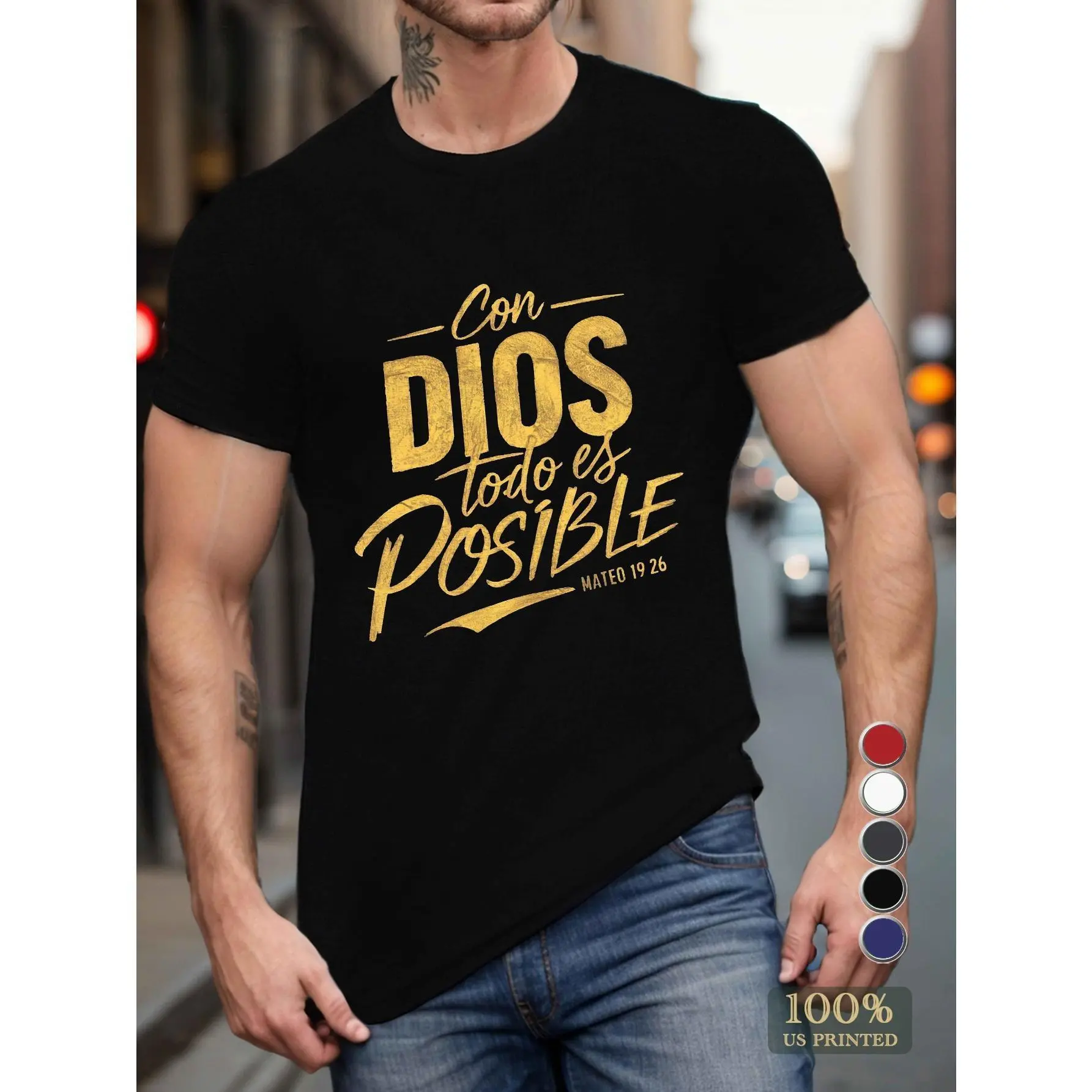 Men's Crew Neck T-Shirt - Menswear, Simple Casual Style, "Con Dios Todo Es Posible" Spanish Quote, Matthew 26:11 Bible Verse, Comfortable Breathable Fabric, Regular Fit, Round Neck