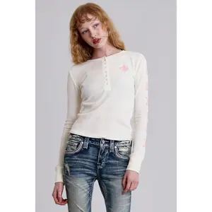 Rock Revival® Gothic Henley - Long Sleeve Casual Autumn Top with Waffle Knit, Metal Snap Placket, and Gothic Logo Hits