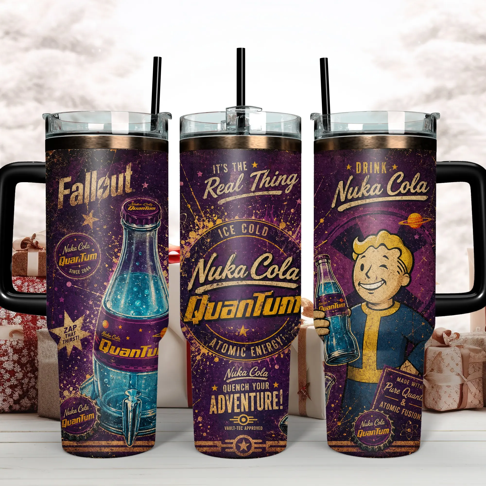 Fallout Nuka-Cola Flavor Collection 40oz Insulated Tumblers - Choose Classic, Quantum, Cherry, Dark, Grape, Orange, Quartz, Victory, or Wild - Retro Vault Boy Advertisement Travel Mug with Handle & Straw