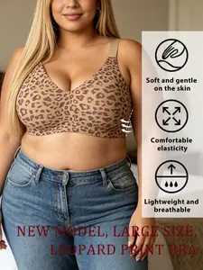 1 piece of large-sized, soft and sophisticated leopard print women's comfortable Underwear bra, with jelly strip soft support, adjustable shoulder straps, round and perky bust shape, suitable for daily commuting and light exercise.
