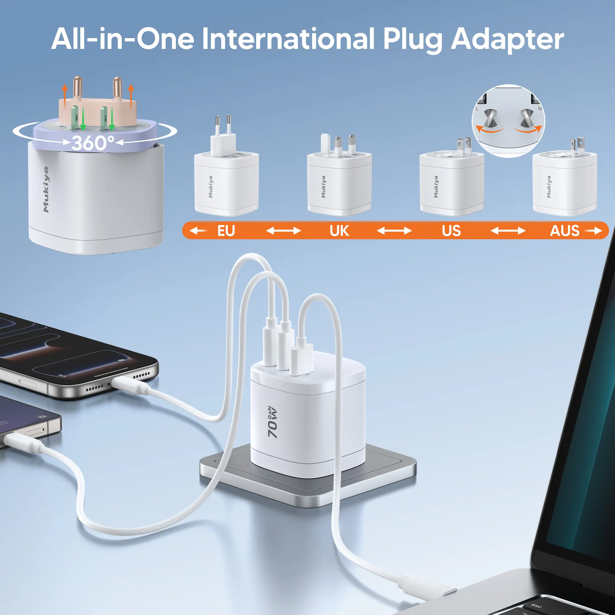 70W AVS-Certified Universal Travel Charger for iPhone 18 Pro | Mukiya All-in-One International Plug Adapter, 360° Rotating Compact, 2 USB-C/1 USB-A, EU/US/UK/AU Plugs, Multi-Device Fast Charging for Global Business Travel