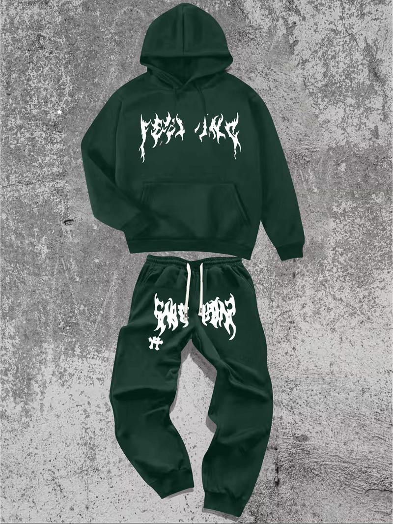 Men's Hoodie and Pants Set American Streetwear with Lightning Cross Print Stylish Casual Wear Featuring Slight Stretch and Detailed Pockets Black Trouser Longsleeves