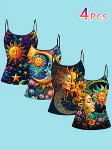 4-Piece Set Retro Astro Print Strapless Tank Tops, Women's Summer Mystery Universe Sleeveless Tees, Casual Slim-Fit All-Season Clothing