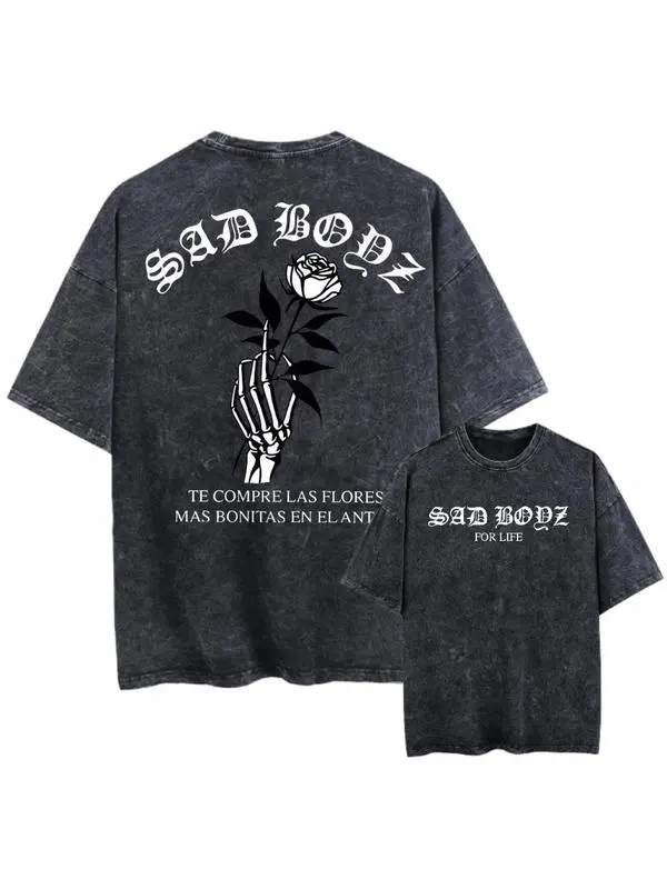 Unisex Vintage Washed Oversized Black T-Shirt - Double-Sided Hip Hop Graphic Tee with "SAD BOYZ" & "TE COMPRE LAS FLORES" Print, Loose Fit Round Neck Short Sleeve, All-sey2k,Vintage,Streetwear Christmas Thanksgiving gift,Cyber Monday