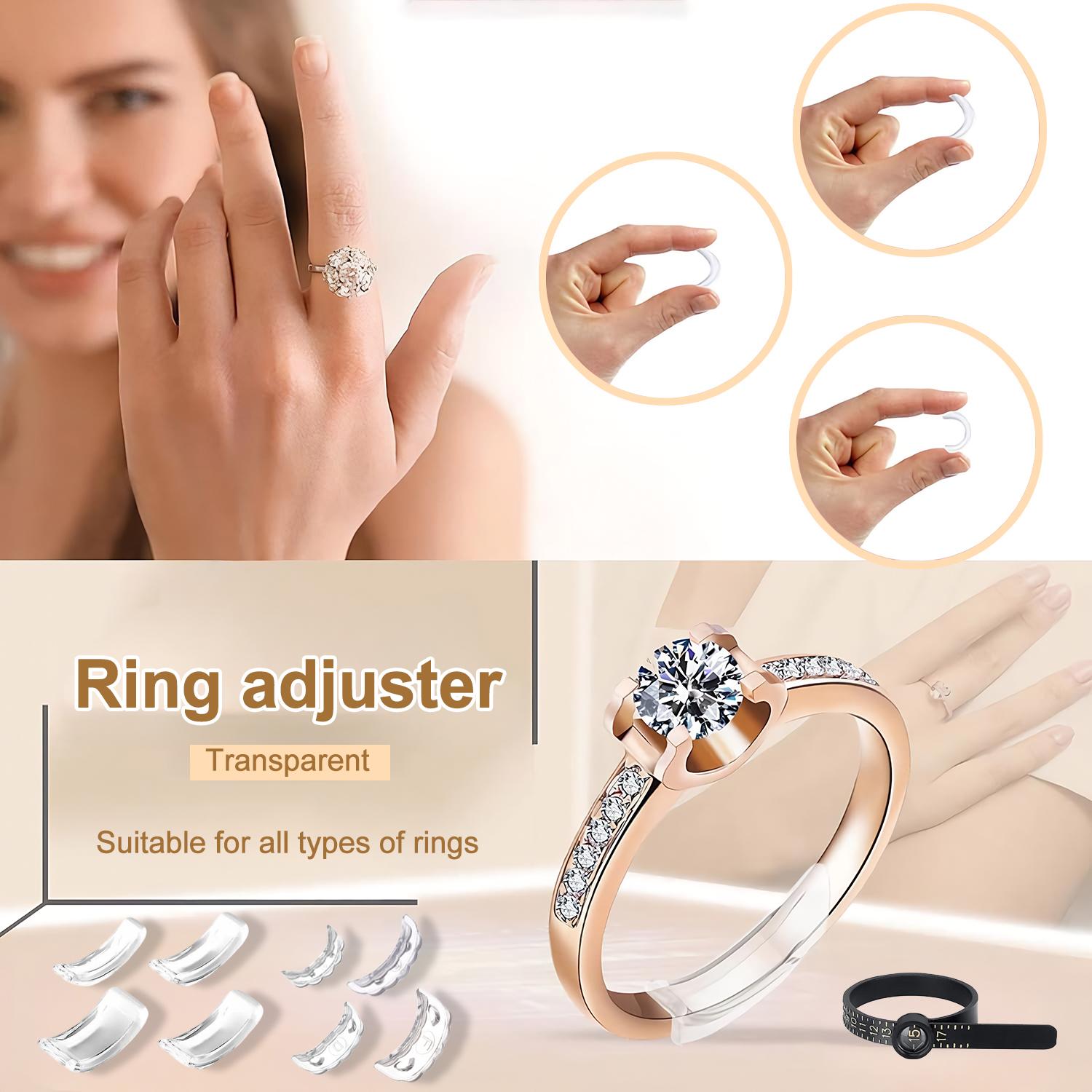 SGGUI Ring Sizers for Loose Rings,With Ring Sizer Measuring Tool, 8 Pack Invisible Ring Size Adjuster Silicone, Ring Guards Spacer Tightener Resizer Fitter for Women Men, Make Ring Smaller Without Resizing Thick Band