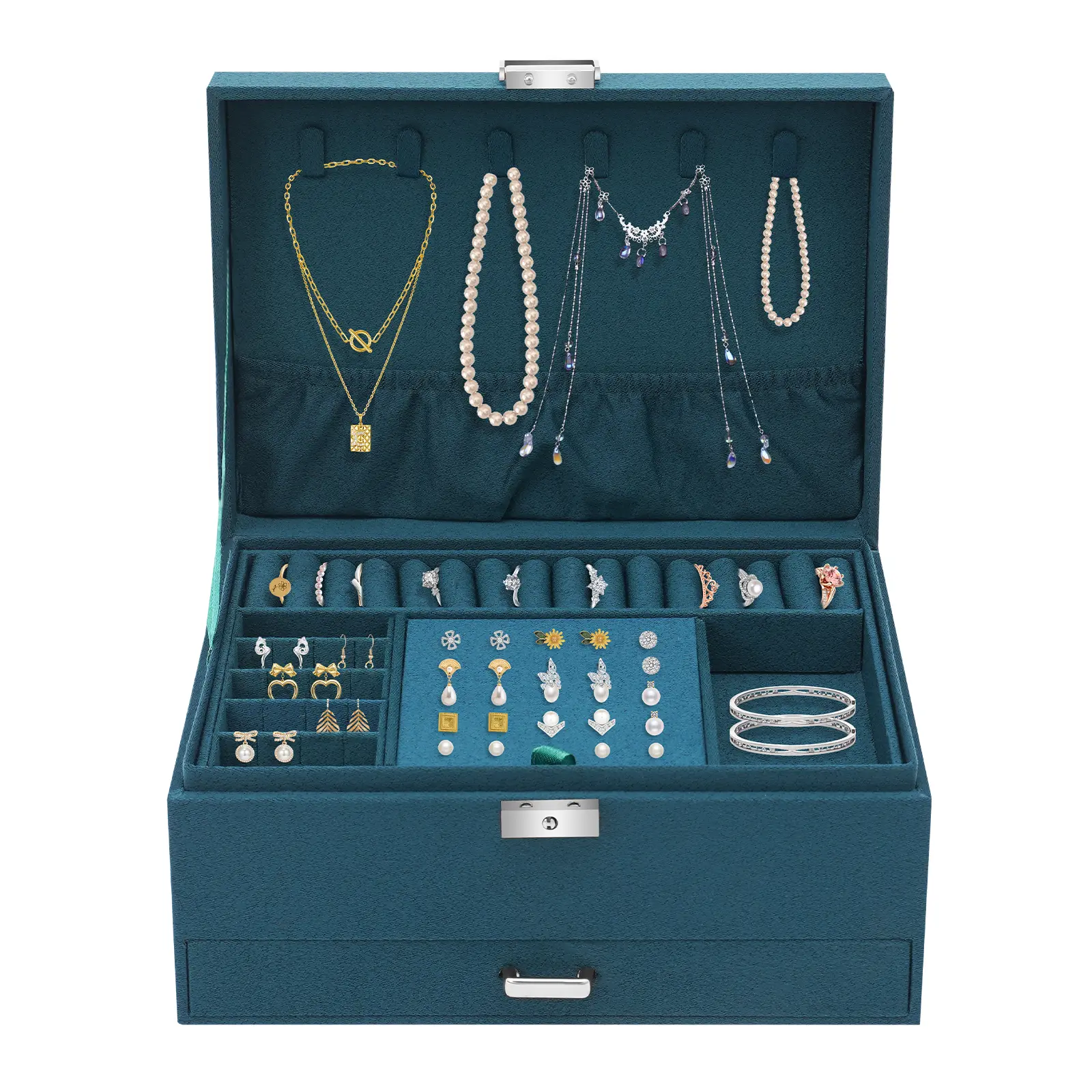 Women's Classic 3-Tier Stackable Rectangular Smooth Jewelry Box with Lock, Metal Clasps, Velvet Suede Liner - Home Organizer Storage Case for Rings, Necklaces, Earrings, Bracelets - Green Dresser Vanity Gift for High School Graduates