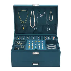 3-Tier Stackable Jewelry Box with Lock & Metal Clasps, Velvet Suede Storage Organizer for Rings Necklaces Earrings Bracelets, Green Jewelry Case for Dresser Vanity Gift for Women