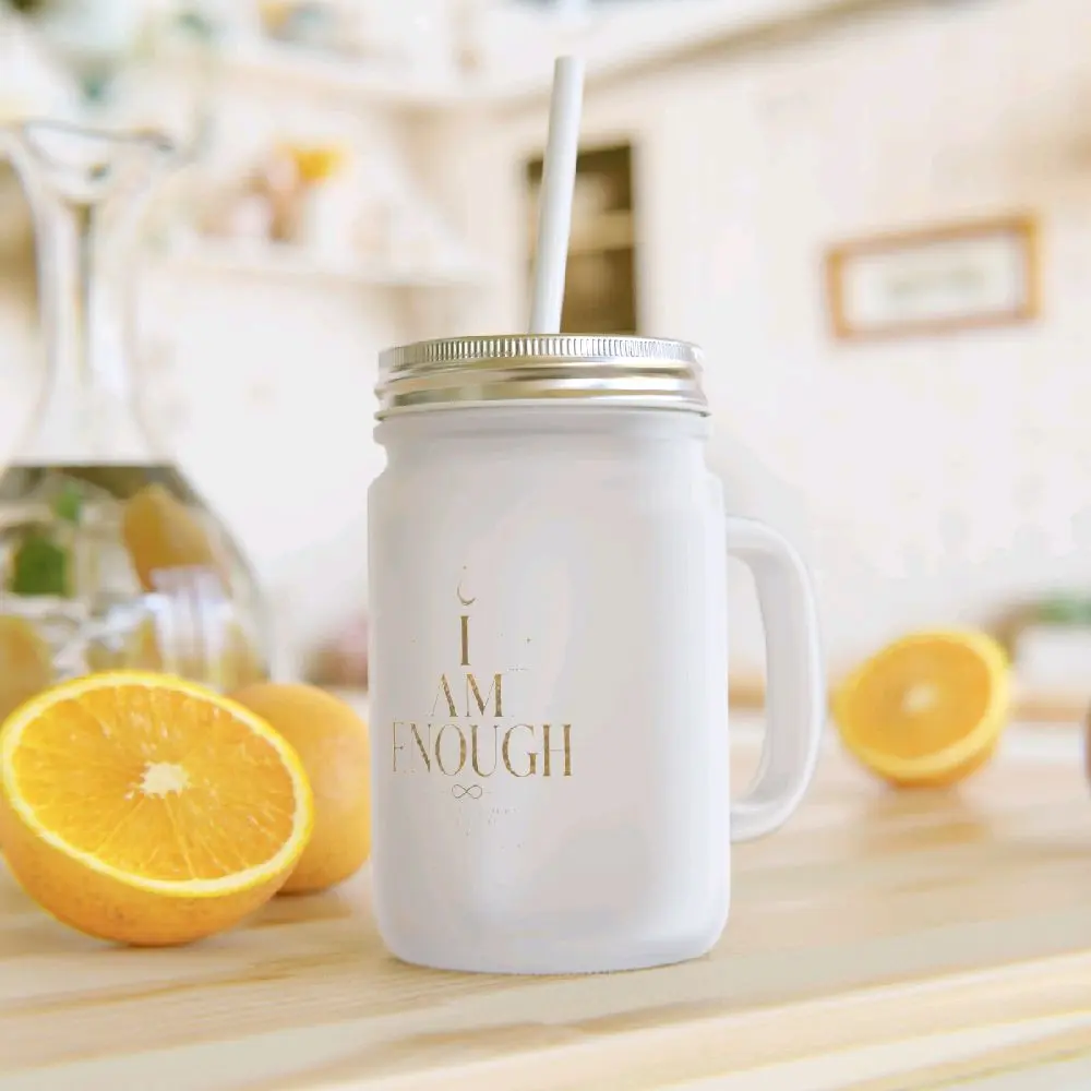 I Am Enough Mason Jar Tumbler – Inspirational Frosted Mason Jar with Straw | IO Studio Gifts