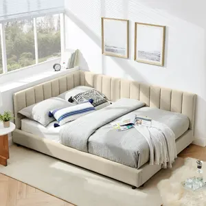 Full Size Upholstered Tufted Bed Frame, Sofa Bed Frame with Comfortable Backrest and Armrests, Full Size Bed for Bedroom, Living Room,Velvet-Beige(81''*60''*29.5'')