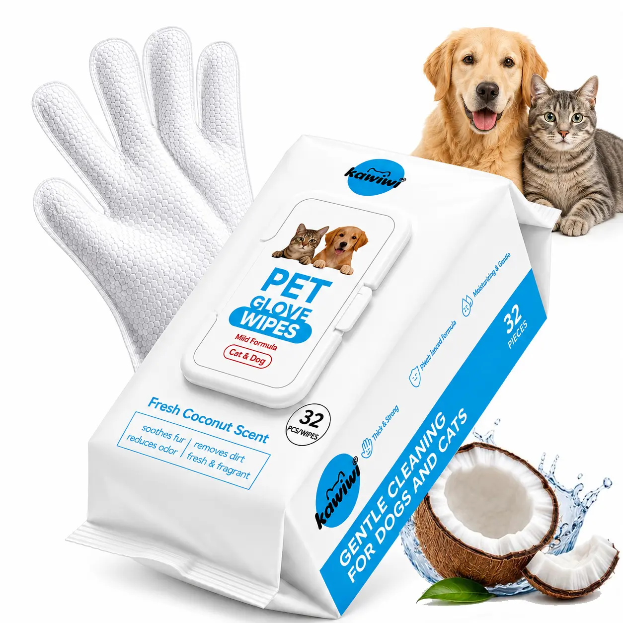Kawiwi 32-Pcs Pet Grooming Wipes, Coconut Fresh Disposable Mitts Reduce Mess & Prep, Hypoallergenic No-Rinse Grooming Products for Dogs, Fur-Nourishing, Hair Removal, Skin Care, 32 Pcs for Travel, Disposable Mitts Reduce Mess And Prep