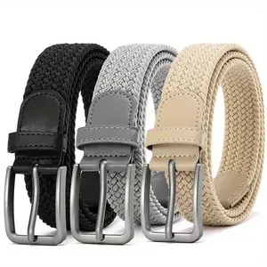 3PACK Men's Braided Elastic Golf & Casual Belts - 1.34" Wide Breathable Sport Belts, Elastic Fabric with Alloy Square Buckle, Black for Jeans & Athletic Wear, Comfortable & Durable