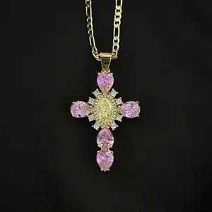 Gold Plated Pink Cross Figaro Chain for Women charm necklace pendant