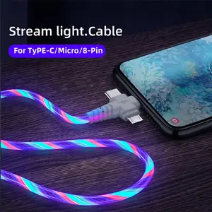 Multi Ports Light-Up USB Cable USBA to USBC/MicroUSB Cable Durable Fast Charging Cable with Visible Current Flow As Night Light Use-3in1 Colorful