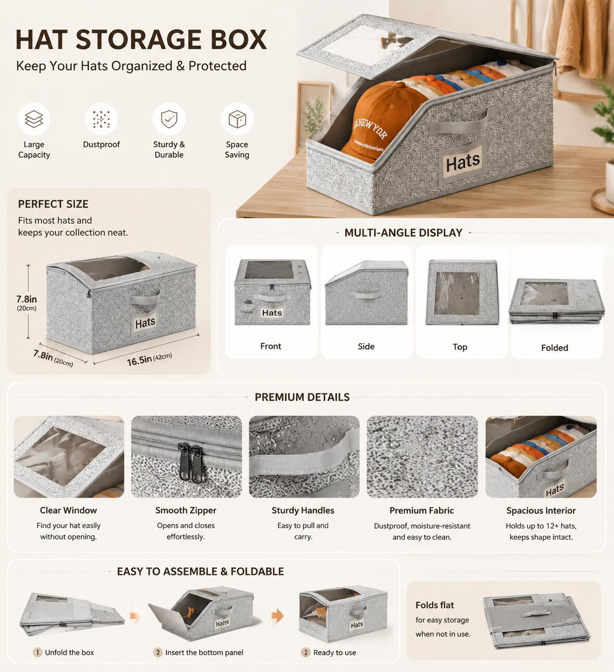 Stackable Hat Storage Box – Baseball Cap Organizer for Closets; Also Suitable for Storing Gloves, Clothing, and Toys. Features a Dustproof Non-Woven Fabric Design, Flip-Top Lid, Space-Saving Profile, and Breathable Material. Bag Set