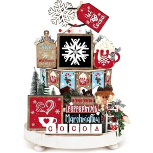 Christmas Tiered Tray Decor Set Christmas Wooden Sign Rustic Farmhouse Snowflake Cocoa Coffee Spice Blocks Decorative Winter Table Tabletop Sign for Tiered Tray Home Xmas Shelf Coffee Bar