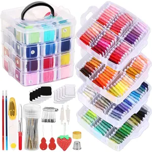 276 Pack Embroidery Floss Thread Kit Including 210 Colors Cross Stitch Sewing Thread with 66 Pcs Embroidery Accessories and 4-Tier Transparent Embroidery Thread Storage Organizer Box