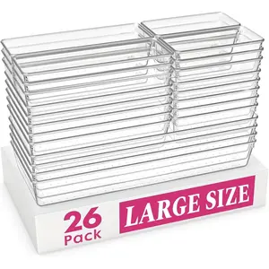Large Drawer Organizer Bins 26 Pack - Complete 5 Size Clear Plastic Kitchen Drawer Organizers for Utensils, Bathroom Drawer Organizer Trays, Versatile for Makeup Office Organization