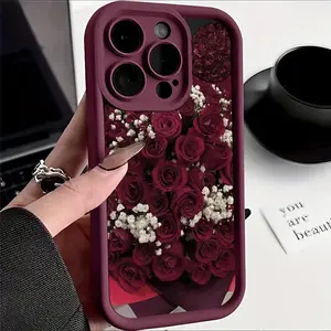 A Design Featuring Burgundy Roses And 'S Breath Suitable TPU Case for iPhone 17 Pro Max 16 16e 15 14 Plus 13 12 Mini 11 Air X XS Straight Edge Drop-Resistant Rugged Durable Cover Shell Gift 2D printing