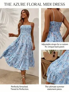 Women's Summer New Patchwork Floral Beach Strap Long Dress, Stylish Casual Sundress for Vacation & Daily Wear, Womenswear