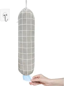 Plastic Bag Holder, Wall Mount Organizer, Shopping Bags Carrier, Washable Large Grocery Storage Dispenser ​for Home Kitchen Travelling, Free Adjustment with Drawstring (Check Gray)