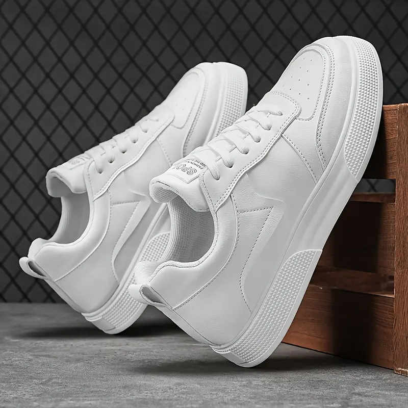 Men's Classic White Casual Training Shoes - PU Upper, PVC Sole, Lace-Up Design, Comfortable Insole, Durable, Easy to Clean Sports Shoes for Office, Gym Use, Shoe